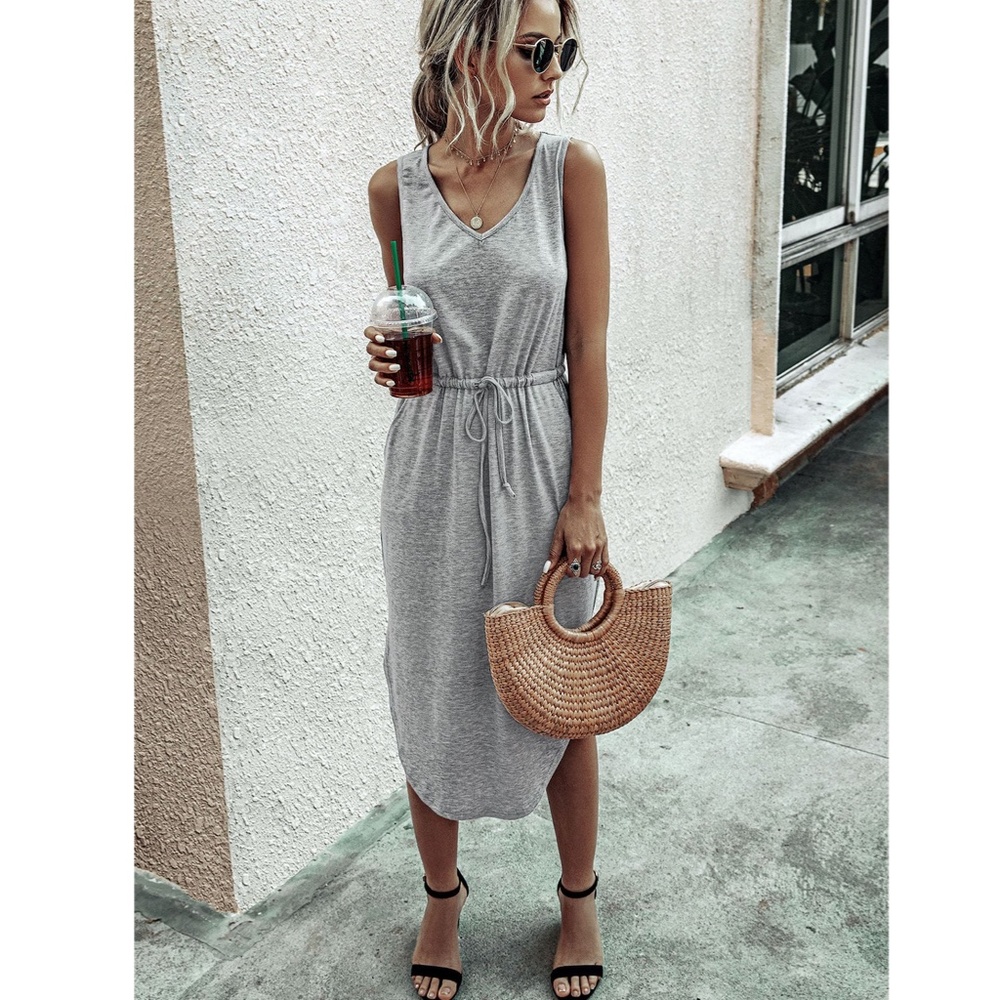 Grey Drawstring Waist Midi Casual Dress - Picture 2 of 13